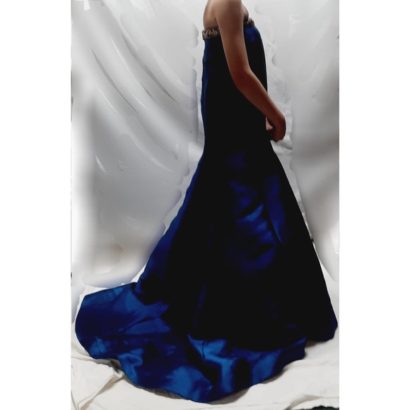 Panoply Navy strapless full skirt gown w/train sequin rhinestone beads 0 - Picture 2 of 16